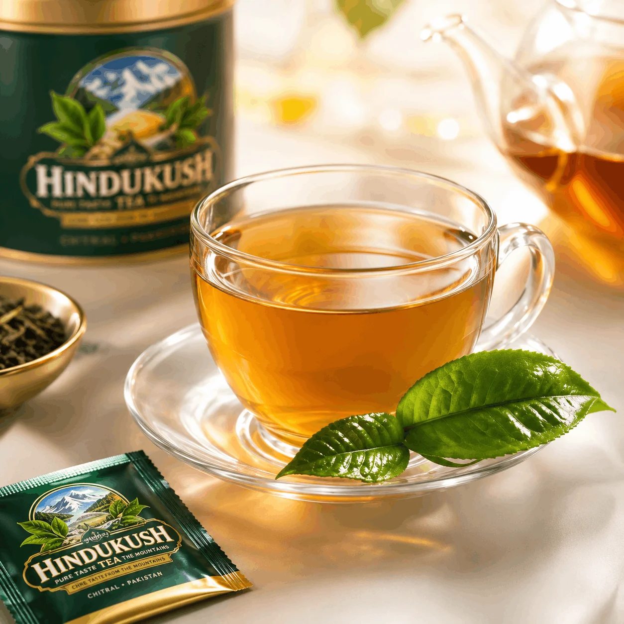 Hindukush tea served in a glass cup with fresh tea leaves