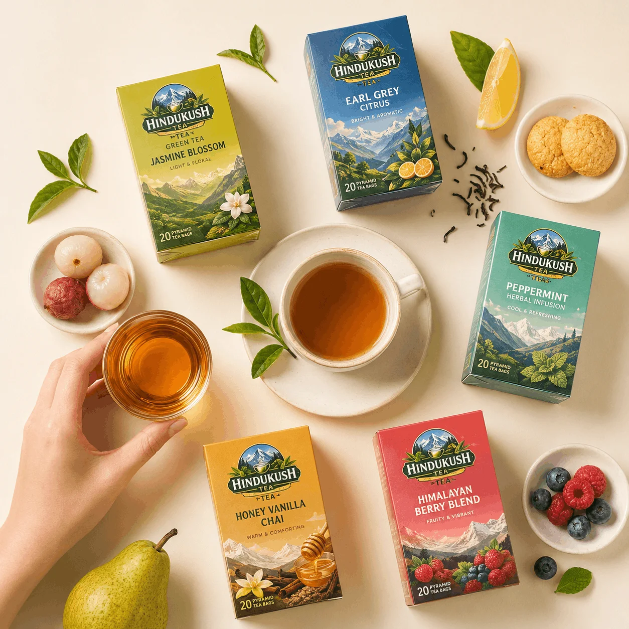 Hindukush tea range flat lay with fruit and biscuits