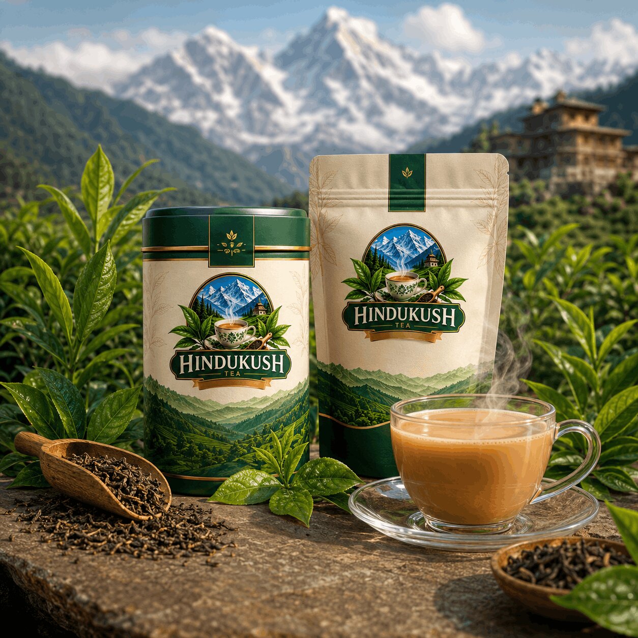 Hindukush Tea products with a cup of chai and mountain scenery