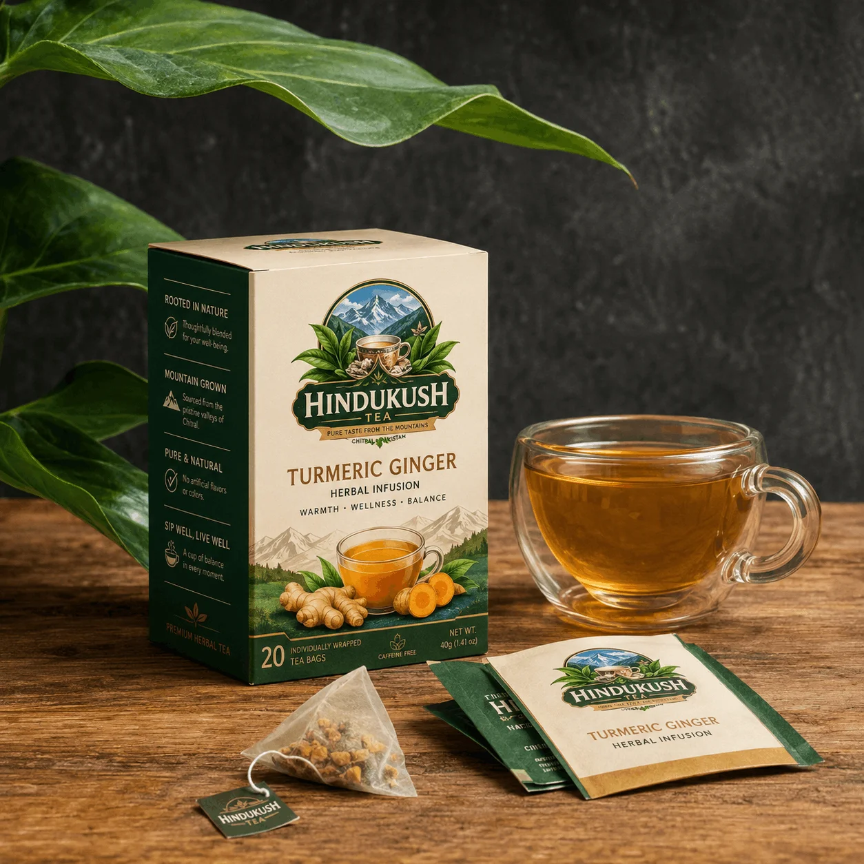 Hindukush Turmeric Ginger herbal tea box with a glass cup