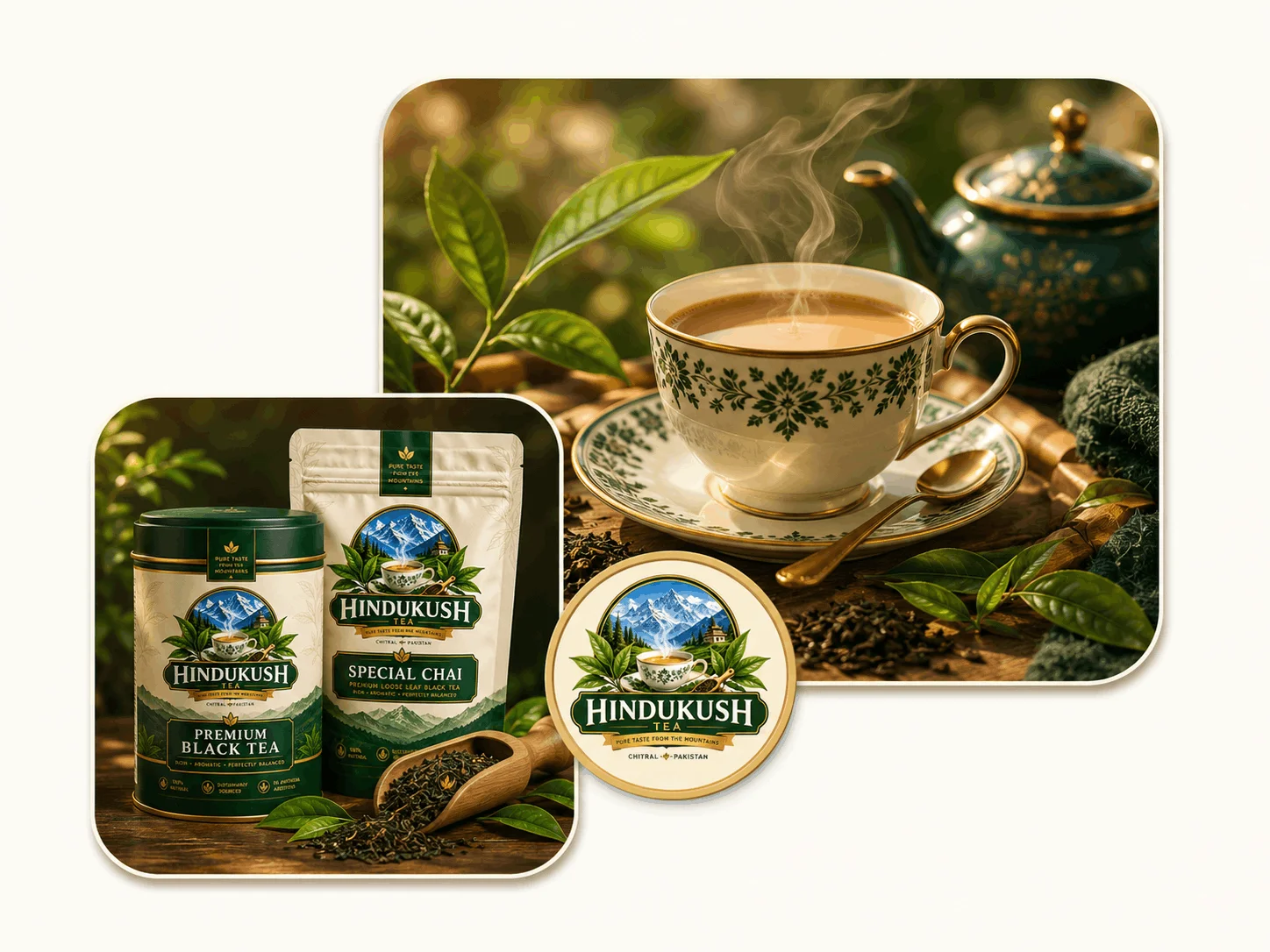 Hindukush Tea products and a freshly brewed cup of chai